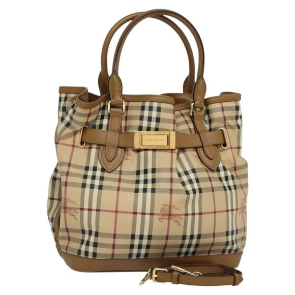 BURBERRY Nova Check Hand Bag PVC 2way Beige Gold